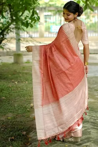 Orange color tussar silk blend checks printed style kanth weaving saree