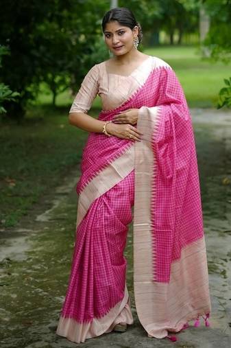 Pink color tussar silk checks printed style kanth weaving saree