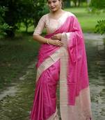 Pink color tussar silk blend checks printed style kanth weaving saree