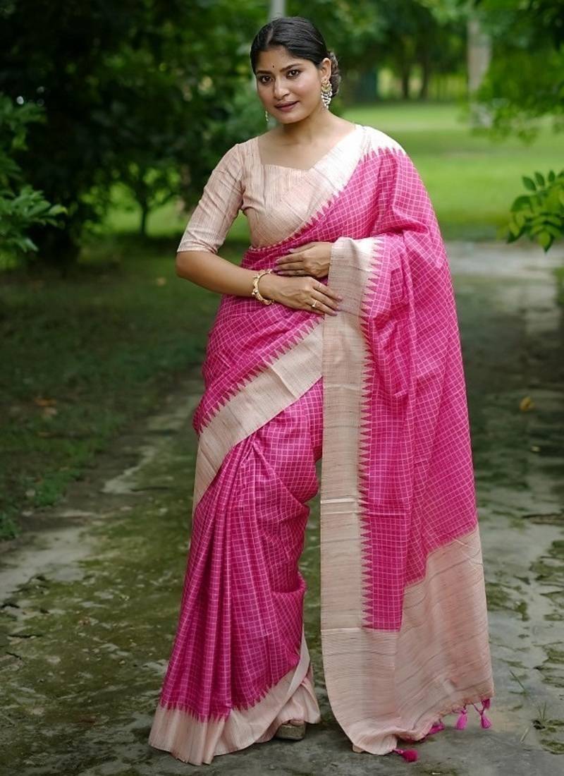Pink color tussar silk checks printed style kanth weaving saree