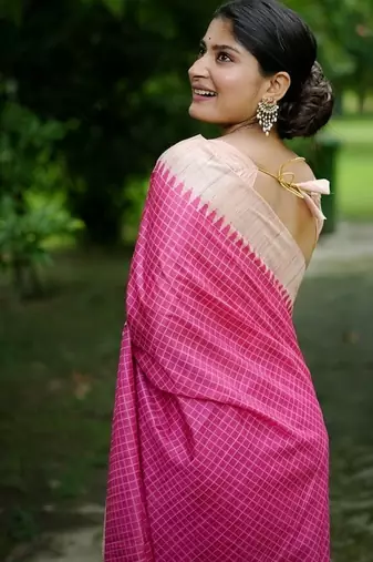 Pink color tussar silk blend checks printed style kanth weaving saree