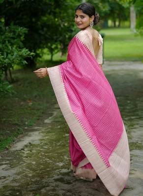 Pink color tussar silk blend checks printed style kanth weaving saree 3