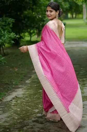 Pink color tussar silk blend checks printed style kanth weaving saree