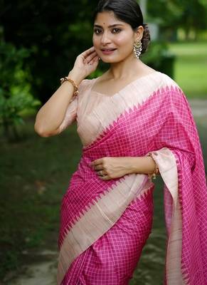 Pink color tussar silk blend checks printed style kanth weaving saree 4
