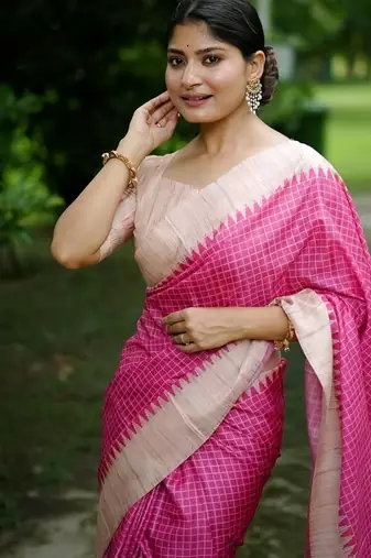 Pink color tussar silk blend checks printed style kanth weaving saree
