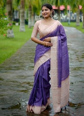 Wine color tussar silk blend checks printed style kanth weaving saree 1