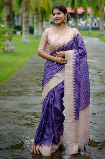 Wine color tussar silk checks printed style kanth weaving saree