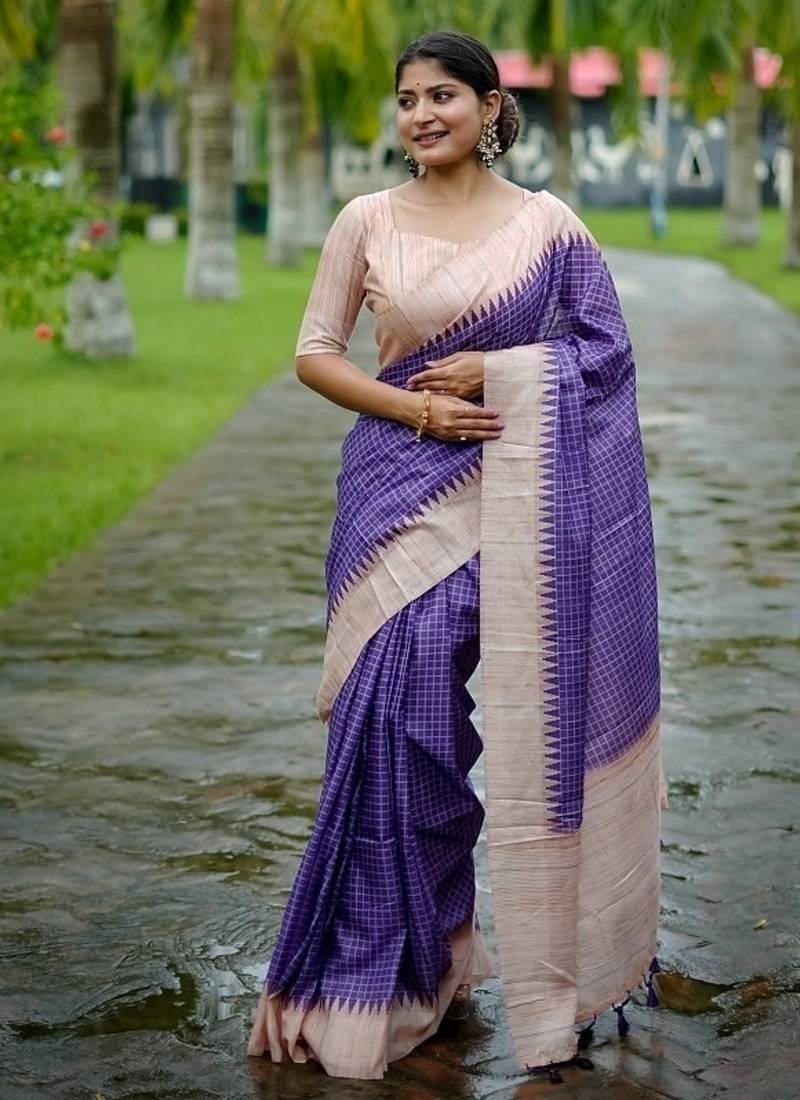 Wine color tussar silk checks printed style kanth weaving saree