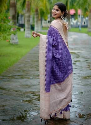 Wine color tussar silk blend checks printed style kanth weaving saree 3