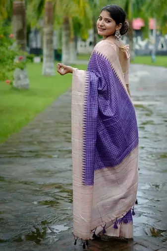 Wine color tussar silk blend checks printed style kanth weaving saree