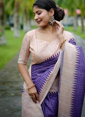 Wine color tussar silk blend checks printed style kanth weaving saree 4