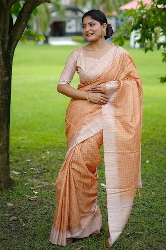 Yellow color tussar silk checks printed style kanth weaving saree
