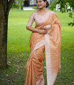 Yellow color tussar silk blend checks printed style kanth weaving saree