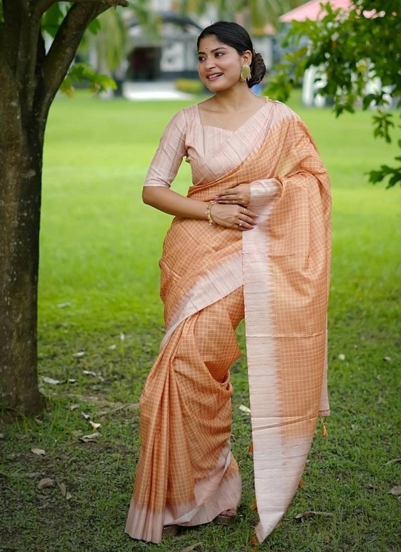 Yellow color tussar silk checks printed style kanth weaving saree