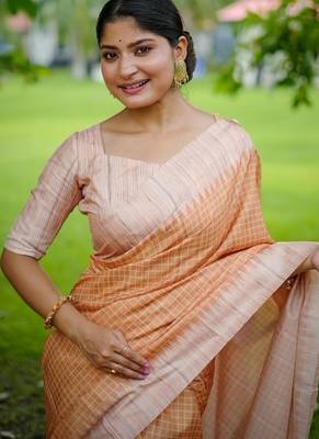 Yellow color tussar silk blend checks printed style kanth weaving saree 2