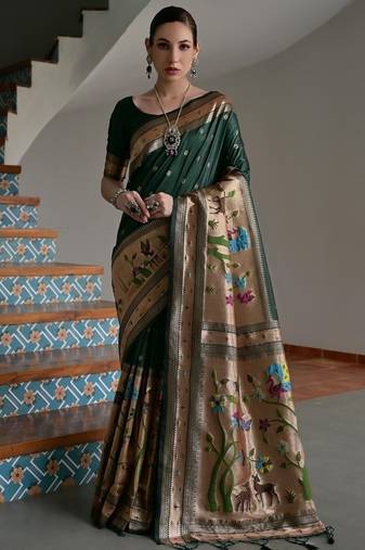 Dark green color banarasi silk paithani zari weaving saree