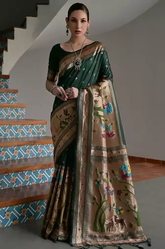 Dark green color banarasi silk paithani zari weaving saree