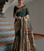 Dark green banarasi silk blend paithani zari weaving saree