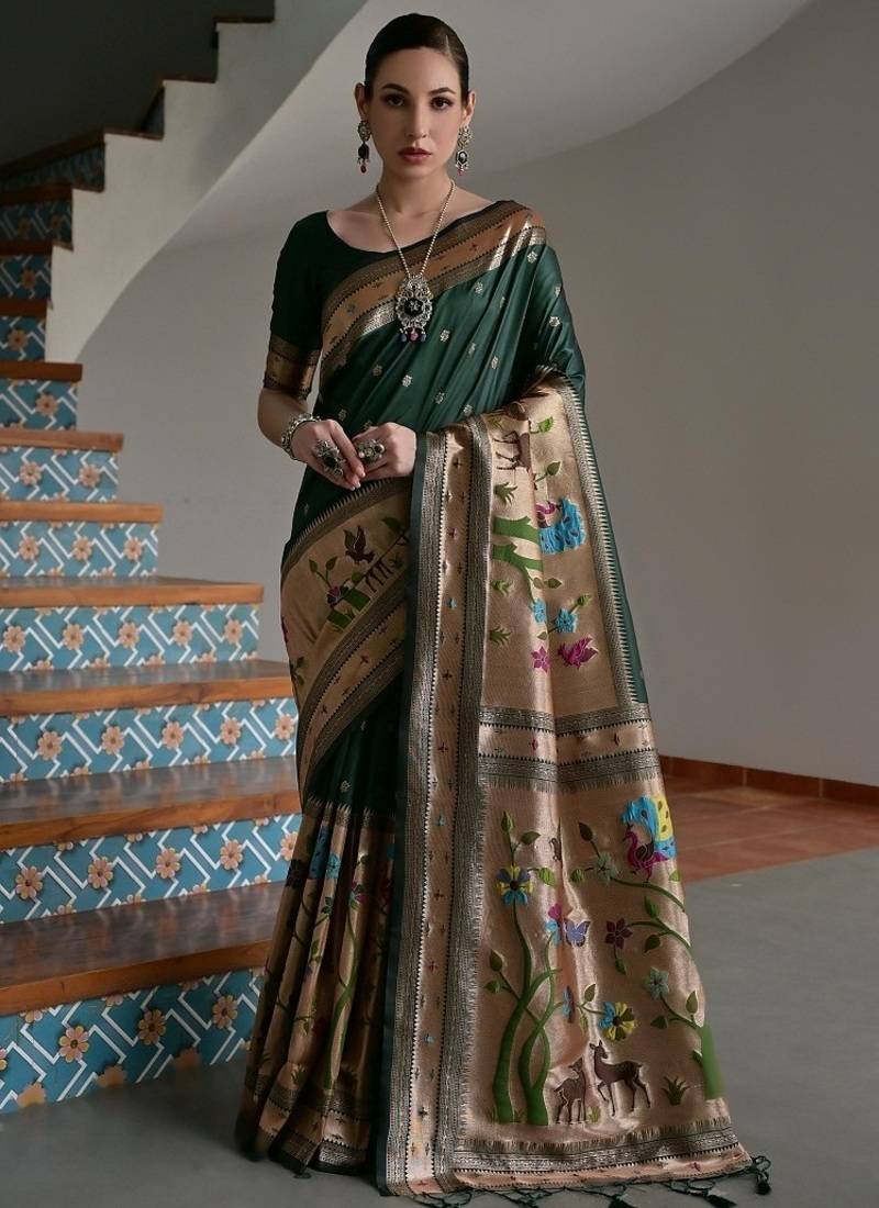 Dark green color banarasi silk paithani zari weaving saree