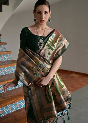 Dark green banarasi silk blend paithani zari weaving saree 2