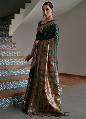Dark green banarasi silk blend paithani zari weaving saree 3