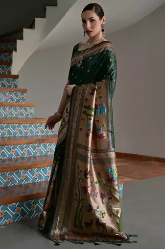 Dark green banarasi silk blend paithani zari weaving saree