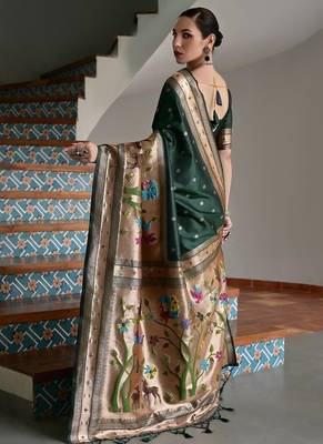 Dark green banarasi silk blend paithani zari weaving saree 4