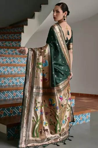 Dark green banarasi silk blend paithani zari weaving saree