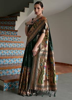 Dark green banarasi silk blend paithani zari weaving saree 5