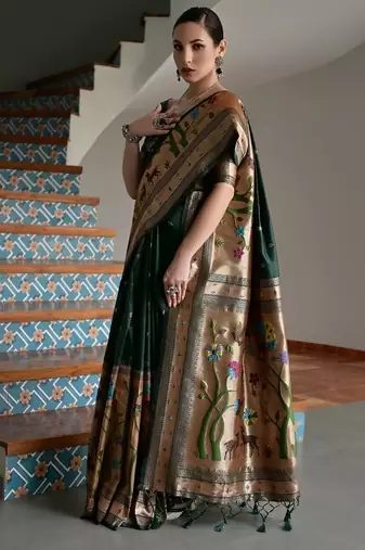 Dark green banarasi silk blend paithani zari weaving saree
