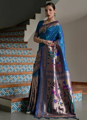 Navy blue color banarasi silk blend paithani zari weaving saree 1