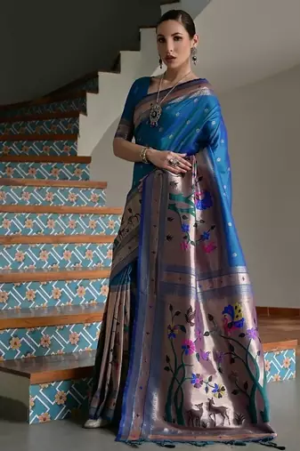 Navy blue color banarasi silk paithani zari weaving saree
