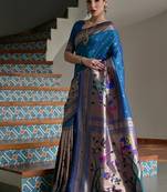 Navy blue color banarasi silk blend paithani zari weaving saree