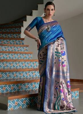 Navy blue color banarasi silk blend paithani zari weaving saree 2