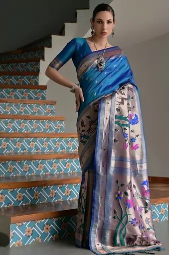 Navy blue color banarasi silk blend paithani zari weaving saree