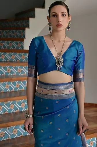 Navy blue color banarasi silk blend paithani zari weaving saree