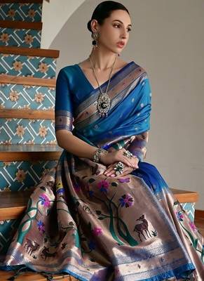 Navy blue color banarasi silk blend paithani zari weaving saree 4