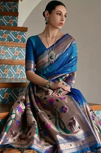 Navy blue color banarasi silk blend paithani zari weaving saree