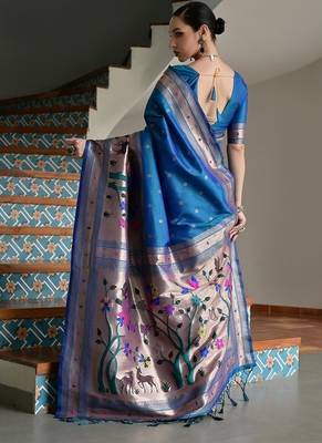 Navy blue color banarasi silk blend paithani zari weaving saree 5