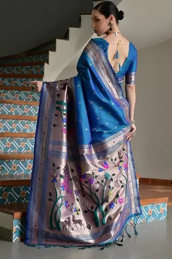 Navy blue color banarasi silk blend paithani zari weaving saree