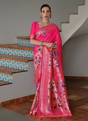 Pink color banarasi silk blend paithani zari weaving saree 1