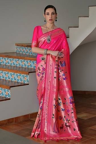 Pink color banarasi silk paithani zari weaving saree