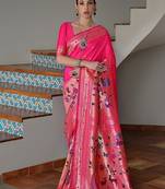 Pink color banarasi silk blend paithani zari weaving saree