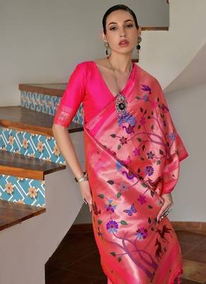 Pink color banarasi silk blend paithani zari weaving saree 2