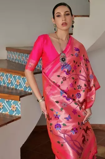 Pink color banarasi silk blend paithani zari weaving saree