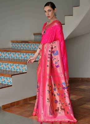 Pink color banarasi silk blend paithani zari weaving saree 3