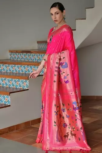 Pink color banarasi silk blend paithani zari weaving saree