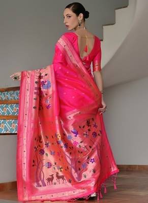 Pink color banarasi silk blend paithani zari weaving saree 4