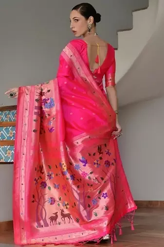 Pink color banarasi silk blend paithani zari weaving saree