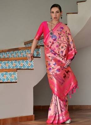Pink color banarasi silk blend paithani zari weaving saree 5